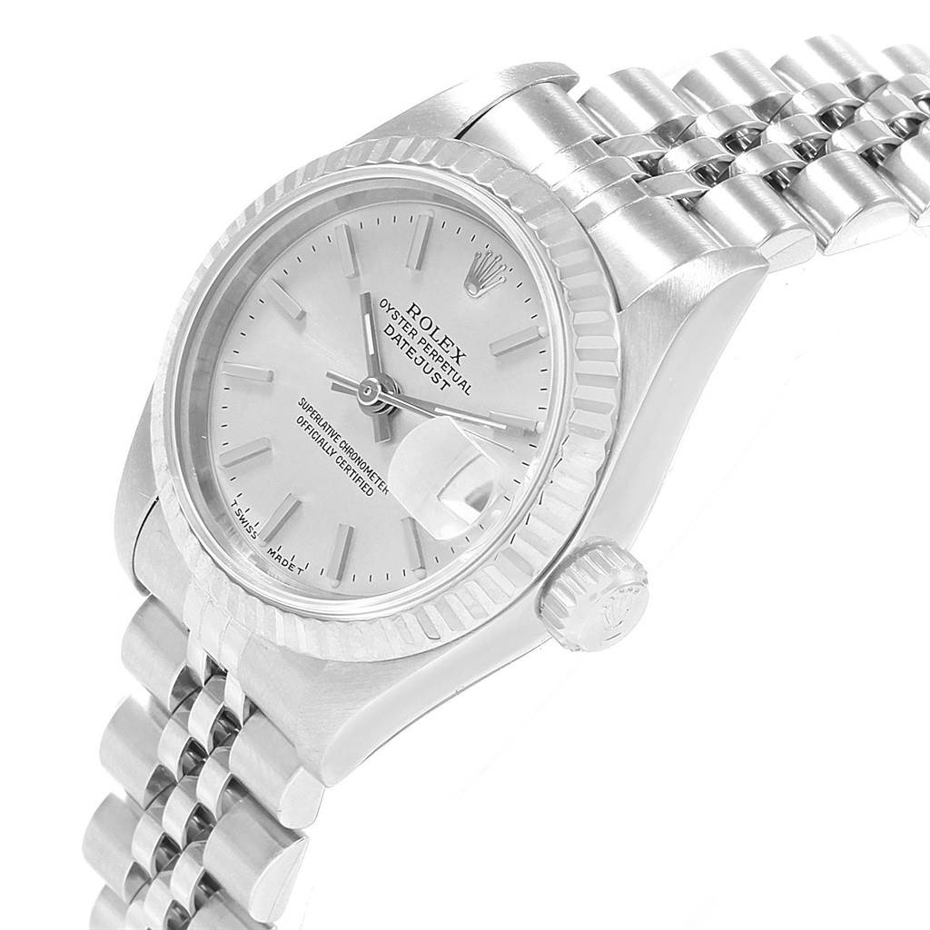The image shows a Rolex Datejust 69174 Women's Stainless Steel Silver Dial 69174 Women's Stainless Steel Silver Dial watch from an angled side view, highlighting the dial, bezel, crown, and part of the bracelet.