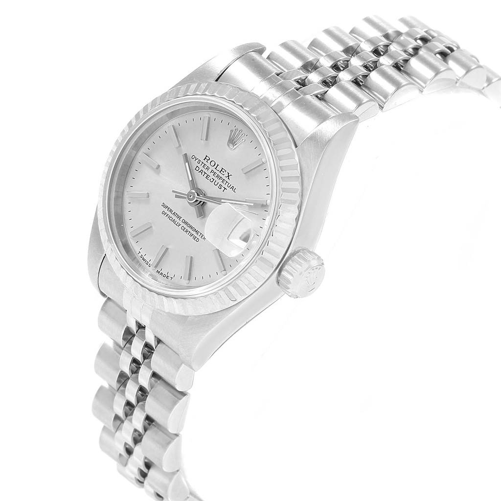 The image shows a Rolex Datejust 69174 Women's Stainless Steel Silver Dial 69174 Women's Stainless Steel Silver Dial watch from an angled side view, highlighting the dial, bezel, crown, and bracelet.
