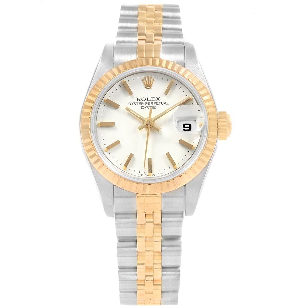 The Rolex Datejust 69173 Women's Stainless Steel White Dial 69173 Women's Stainless Steel White Dial watch is shown from the front, displaying its dial, bezel, crown, and two-tone bracelet.