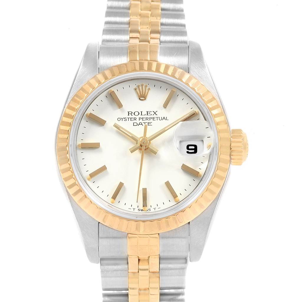 This is a front view of the Rolex Datejust 69173 Women's Stainless Steel White Dial 69173 Women's Stainless Steel White Dial watch showing the dial, bezel, crown, and part of the bracelet.