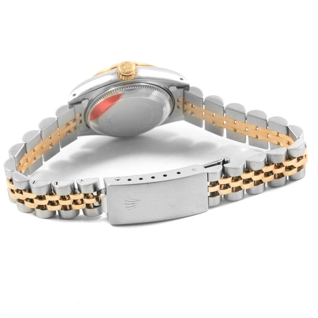 The image shows the back case, crown, and bracelet with clasp of a Rolex Datejust 69173 Women's Stainless Steel White Dial 69173 Women's Stainless Steel White Dial watch at an angled rear view.