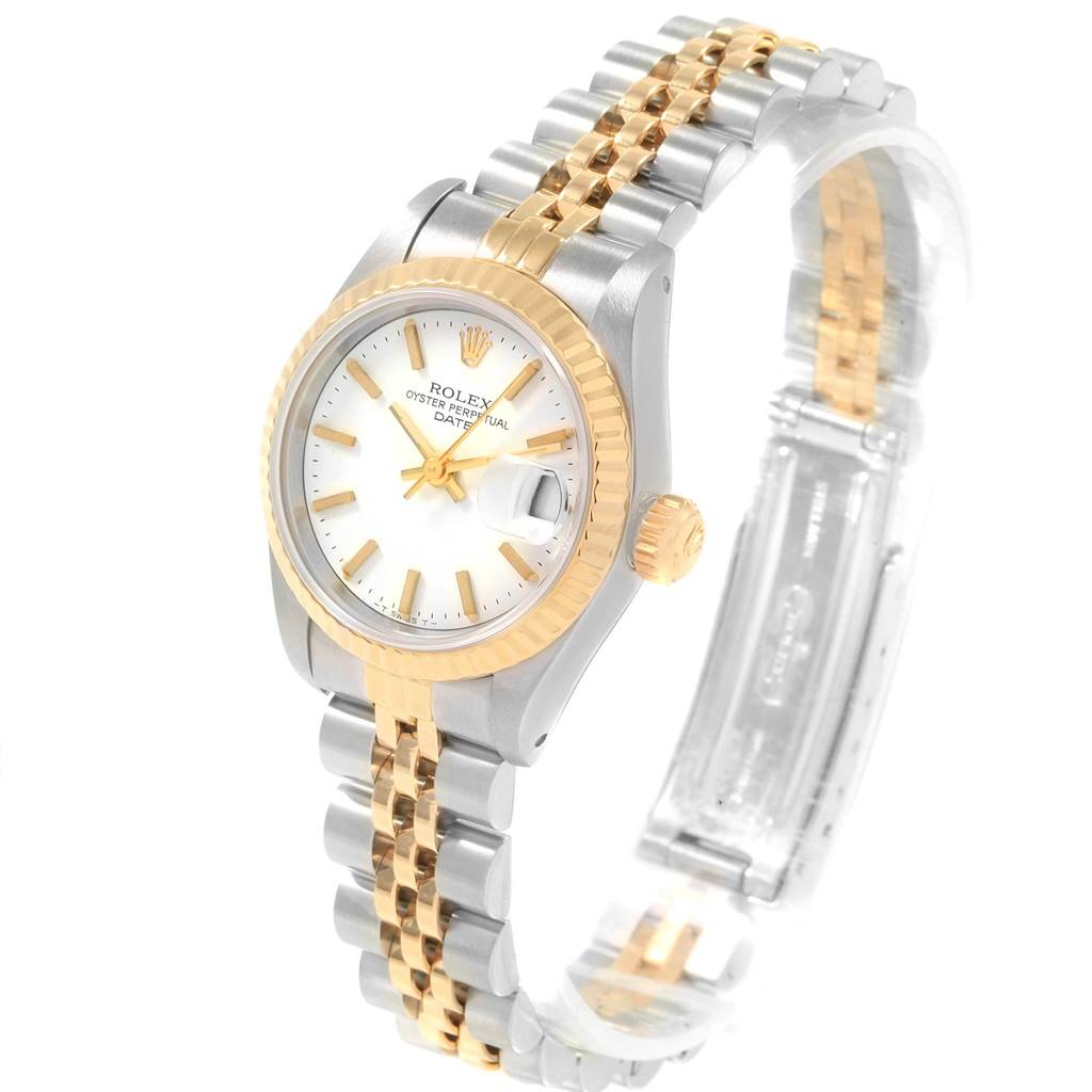 This image shows a Rolex Datejust 69173 Women's Stainless Steel White Dial 69173 Women's Stainless Steel White Dial watch from a front-left angle, highlighting the face, bezel, crown, and bracelet.