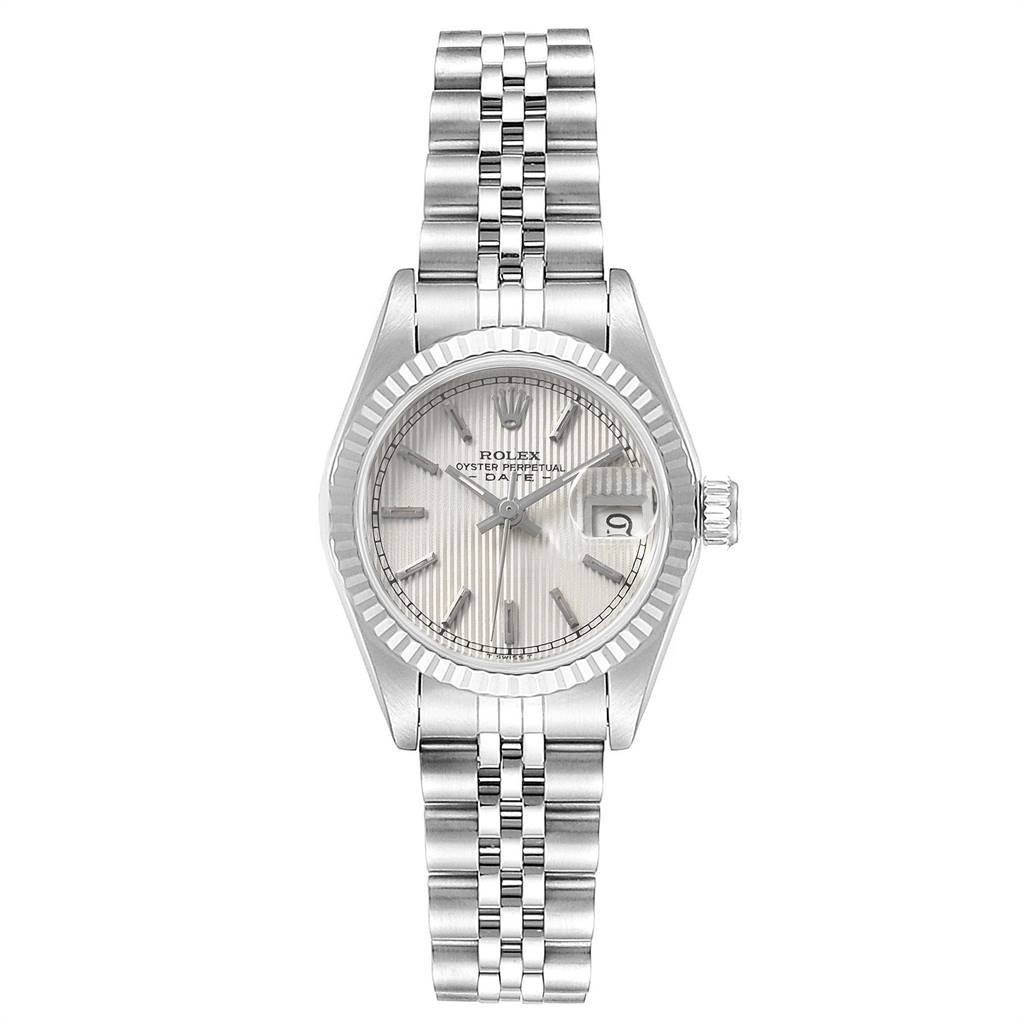 This image shows a front view of a Rolex Datejust 69174 Women's Stainless Steel Silver Dial 69174 Women's Stainless Steel Silver Dial watch, showcasing its face, bezel, and bracelet.