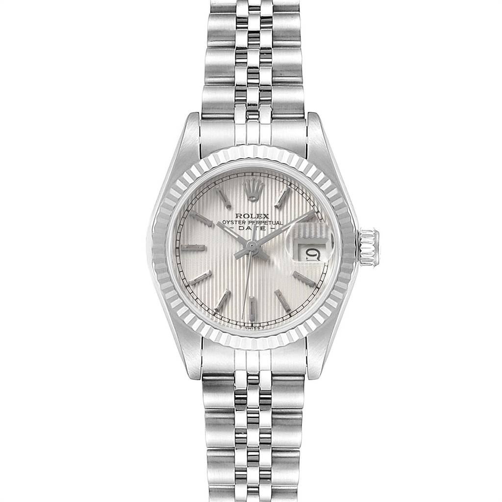 The Rolex Datejust 69174 Women's Stainless Steel Silver Dial 69174 Women's Stainless Steel Silver Dial watch is shown from a top-down angle, featuring its face, bezel, and part of the metal bracelet.