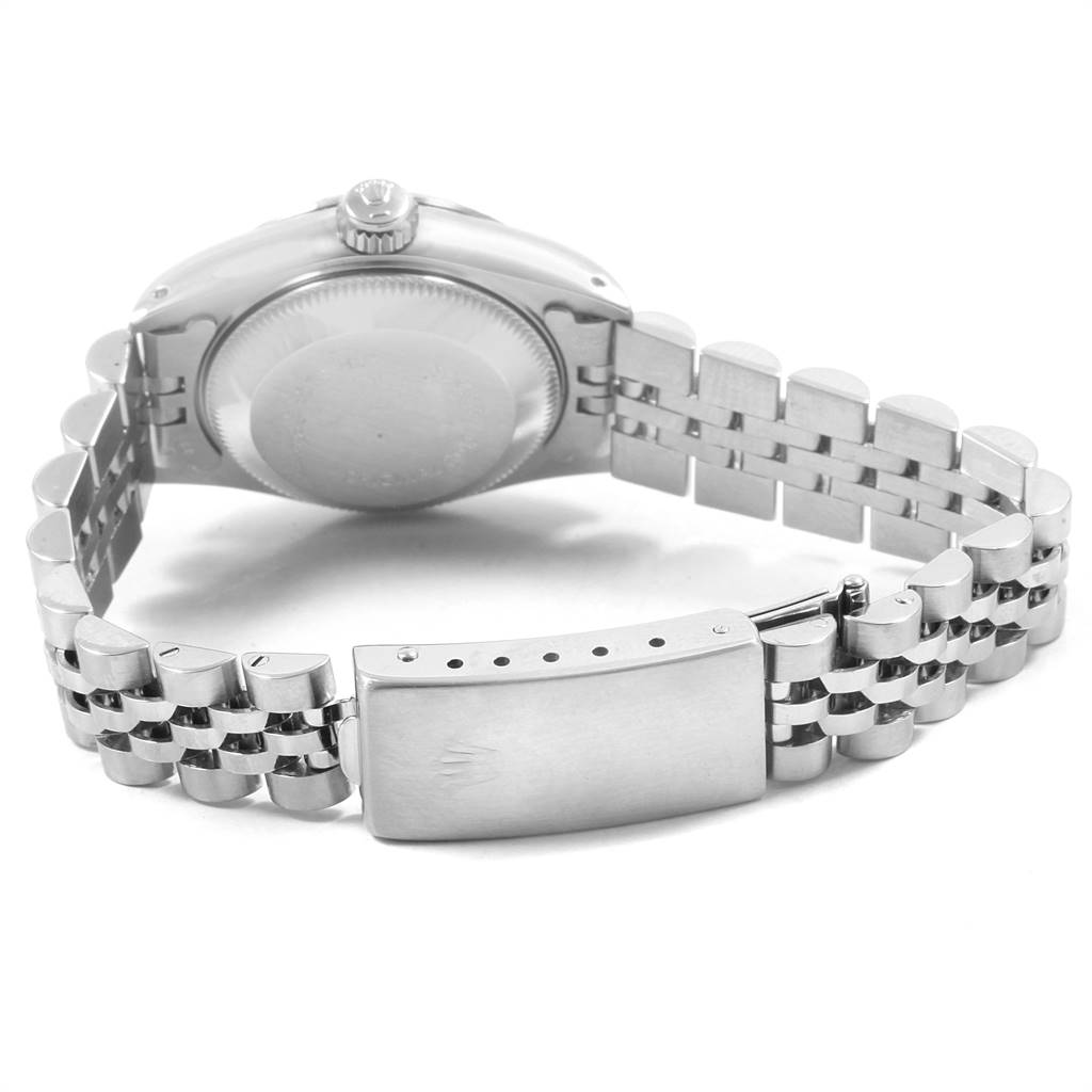 This image shows the back view of a Rolex Datejust 69174 Women's Stainless Steel Silver Dial 69174 Women's Stainless Steel Silver Dial watch, highlighting its case back, crown, and partially open bracelet with clasp.