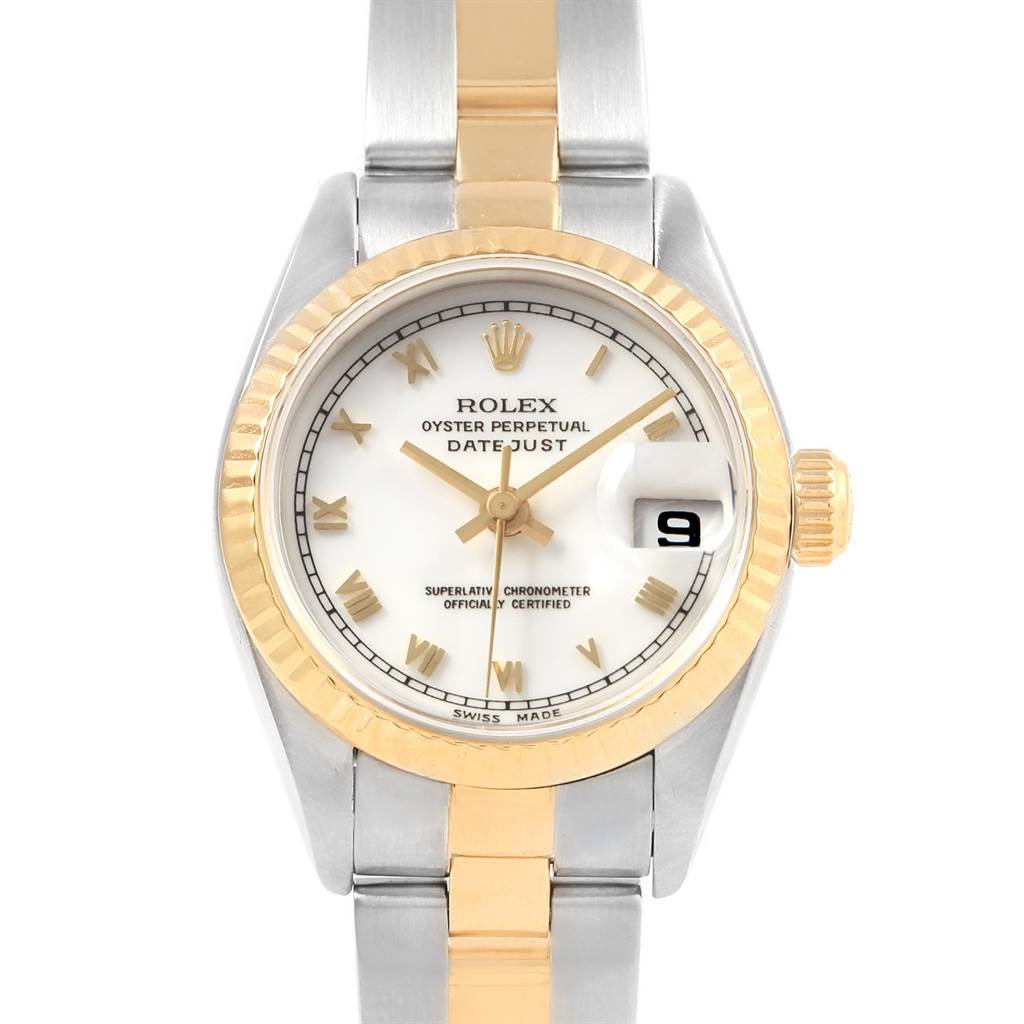 This image shows a Rolex Datejust 69173 Women's Stainless Steel White Dial 69173 Women's Stainless Steel White Dial watch from a front angle, highlighting the dial, bezel, and part of the bracelet.