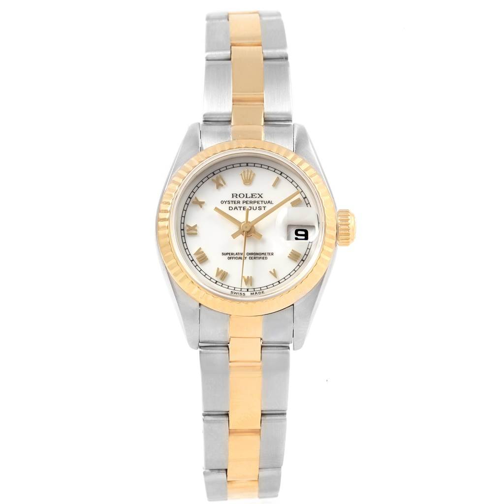 The image shows the Rolex Datejust 69173 Women's Stainless Steel White Dial 69173 Women's Stainless Steel White Dial watch from a front angle, displaying the face, bezel, crown, and full bracelet.