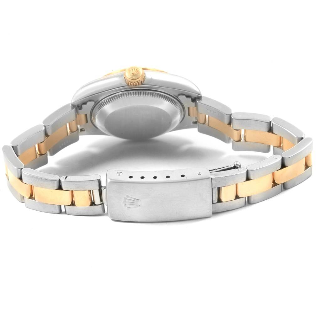 The image shows the back view of a Rolex Datejust 69173 Women's Stainless Steel White Dial 69173 Women's Stainless Steel White Dial watch, highlighting its case back, crown, and two-tone bracelet with clasp.