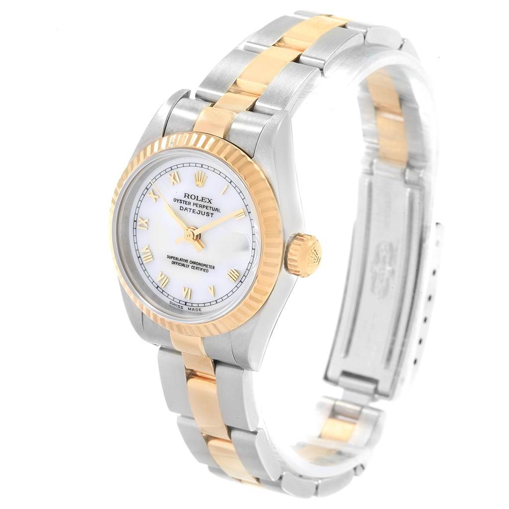 This image shows a Rolex Datejust 69173 Women's Stainless Steel White Dial 69173 Women's Stainless Steel White Dial watch at a slight angle, highlighting the face, bezel, and two-tone bracelet.