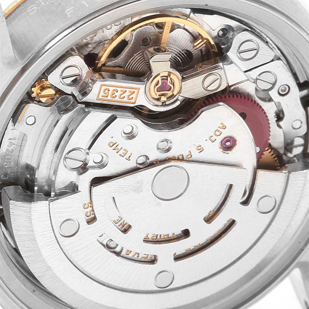 This image shows a close-up view of the inner movement mechanism of a Rolex Datejust 79173 Women's Steel and Gold (two tone) Silver Dial 79173 Women's Steel and Gold (two tone) Silver Dial watch.