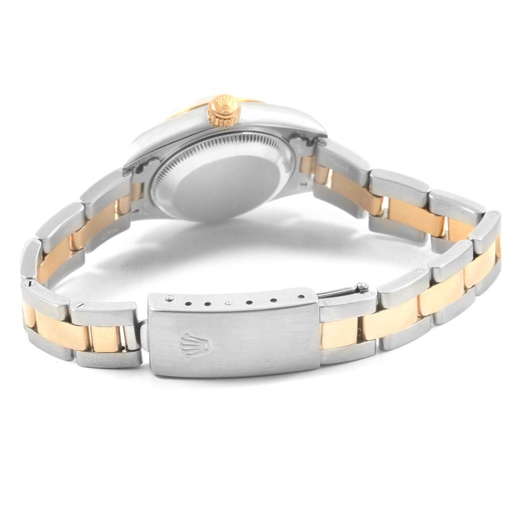 The image shows the back of the Rolex Datejust 79173 Women's Steel and Gold (two tone) Silver Dial 79173 Women's Steel and Gold (two tone) Silver Dial watch, highlighting the stainless steel and gold bracelet with the clasp.