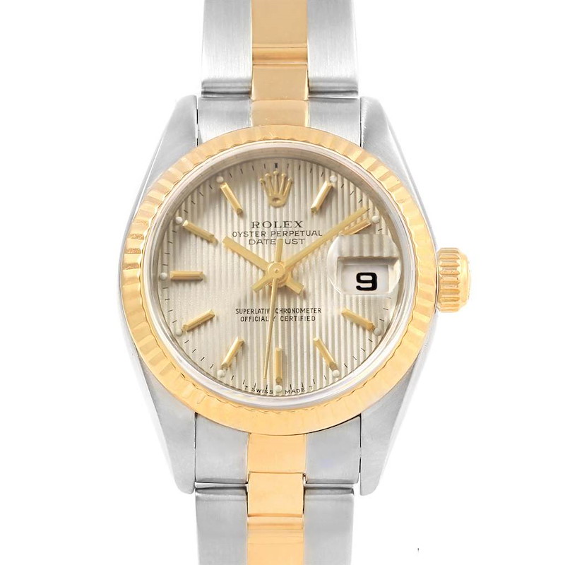 Rolex Datejust Steel Yellow Gold Silver Tapestry Dial Ladies Watch 79173 SwissWatchExpo