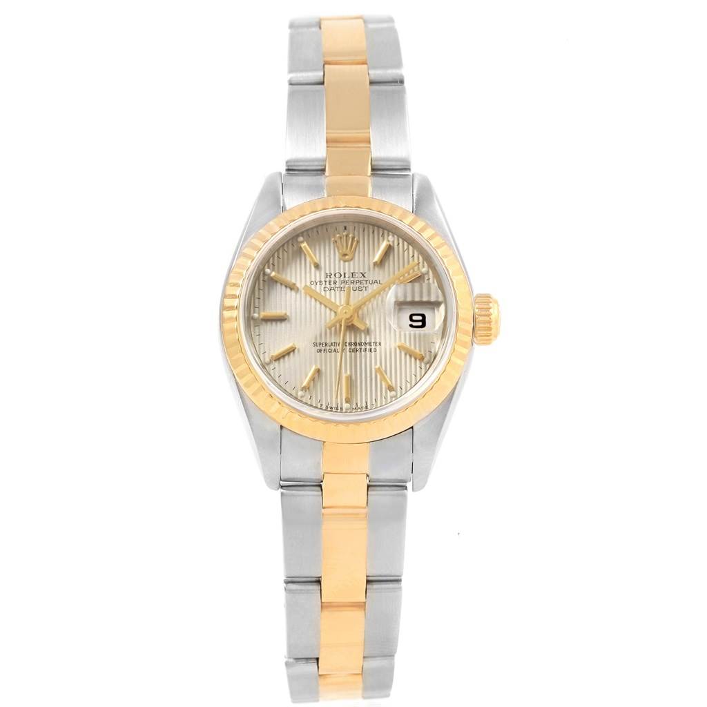 This image shows a front view of the Rolex Datejust 79173 Women's Steel and Gold (two tone) Silver Dial 79173 Women's Steel and Gold (two tone) Silver Dial watch, displaying the dial, bezel, bracelet, and crown.