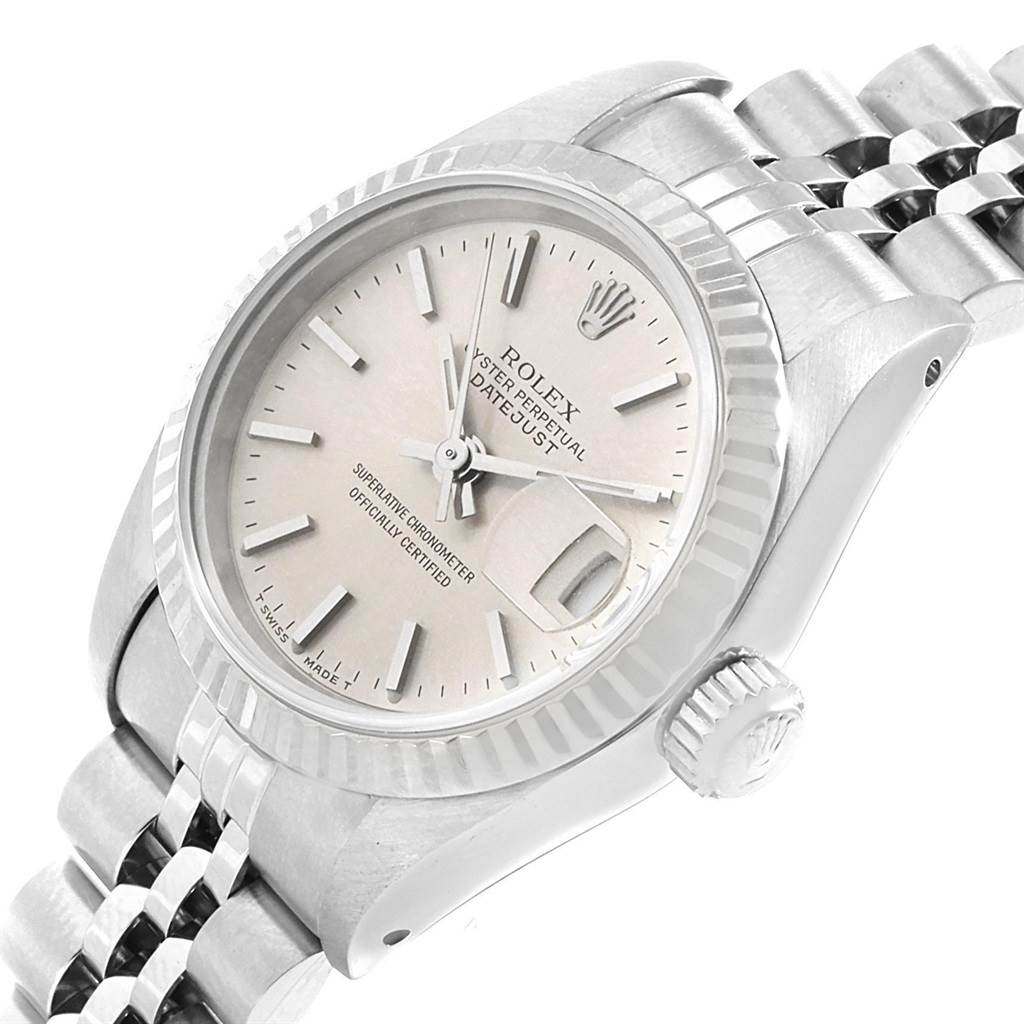 This image shows a close-up angled view of the face and crown of a Rolex Datejust 69174 Women's Stainless Steel Silver Dial 69174 Women's Stainless Steel Silver Dial, highlighting the dial and jubilee bracelet.