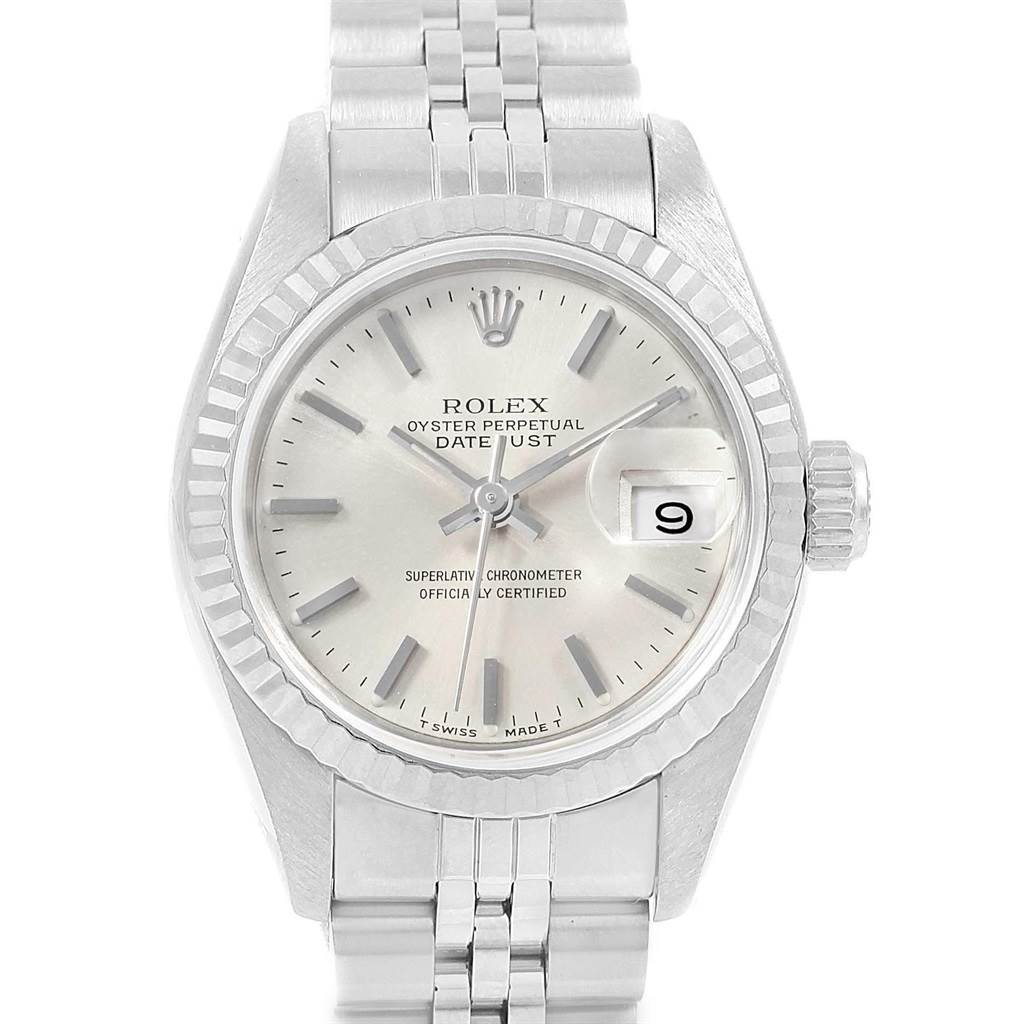 This is a front view of the Rolex Datejust 69174 Women's Stainless Steel Silver Dial 69174 Women's Stainless Steel Silver Dial watch showing the dial, bezel, and bracelet links.