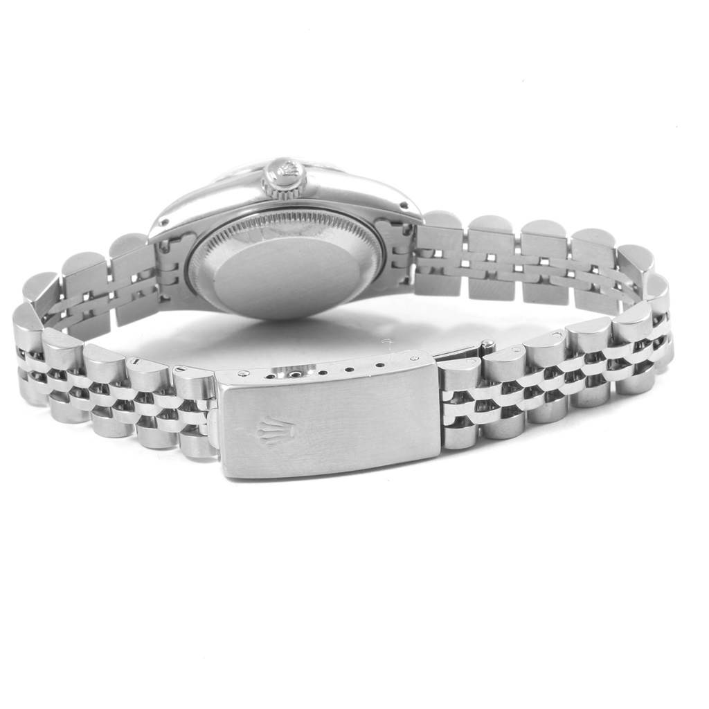 This image shows the back and clasp of a Rolex Datejust 69174 Women's Stainless Steel Silver Dial 69174 Women's Stainless Steel Silver Dial watch at a slight overhead angle.