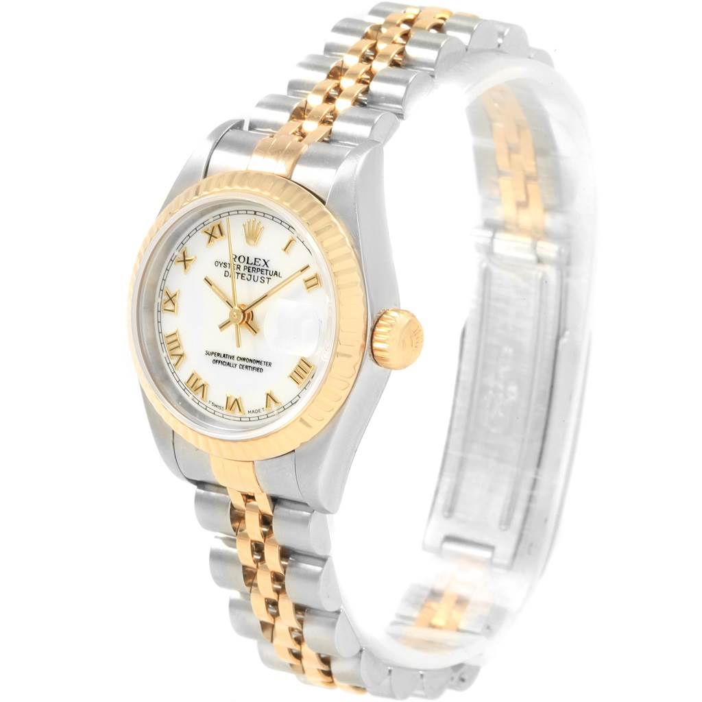 The image shows a Rolex Datejust 19784 Women's Stainless Steel White Dial 19784 Women's Stainless Steel White Dial watch at an angled side view, highlighting its two-tone bracelet, bezel, and dial.