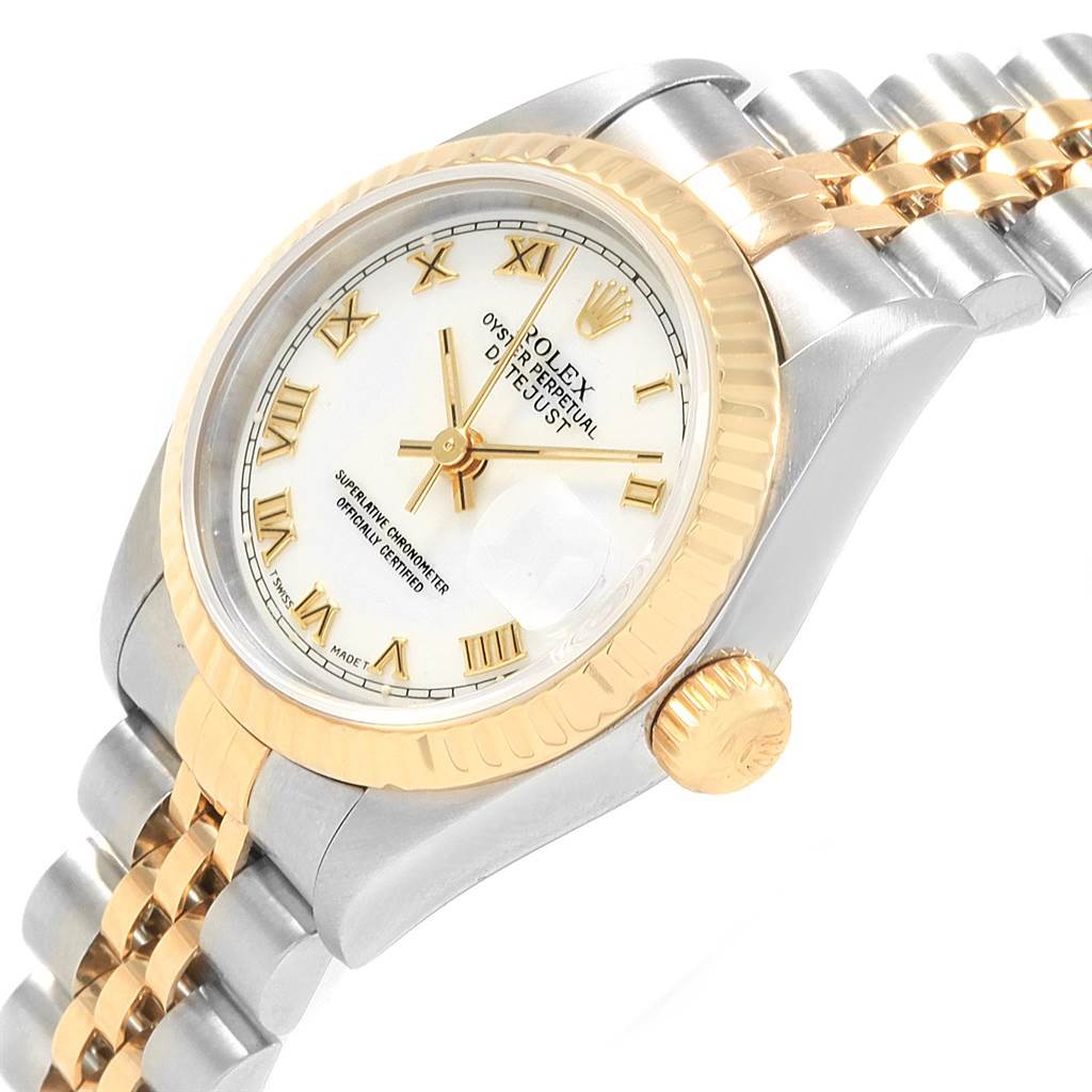 The image shows a Rolex Datejust 19784 Women's Stainless Steel White Dial 19784 Women's Stainless Steel White Dial model watch at an angle highlighting its face, bezel, crown, and part of its bracelet.