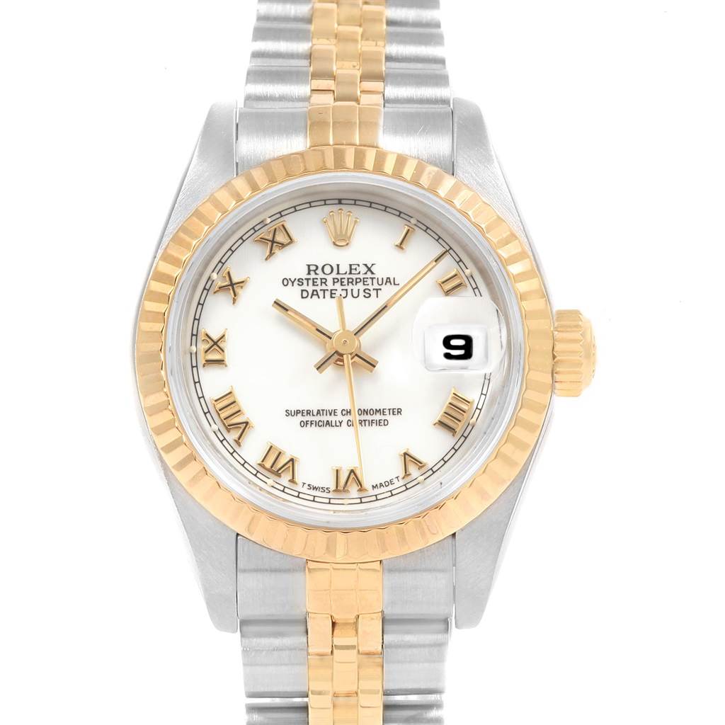 This image shows a front view of the Rolex Datejust 19784 Women's Stainless Steel White Dial 19784 Women's Stainless Steel White Dial watch, highlighting its dial, bezel, and bracelet.