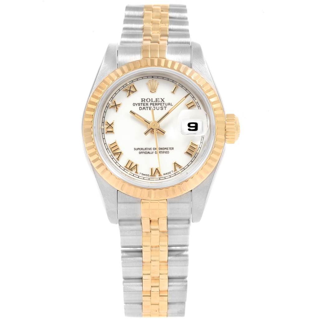 This image shows a front view of a Rolex Datejust 19784 Women's Stainless Steel White Dial 19784 Women's Stainless Steel White Dial watch, highlighting its two-tone metal band, bezel, and date display at 3 o'clock.