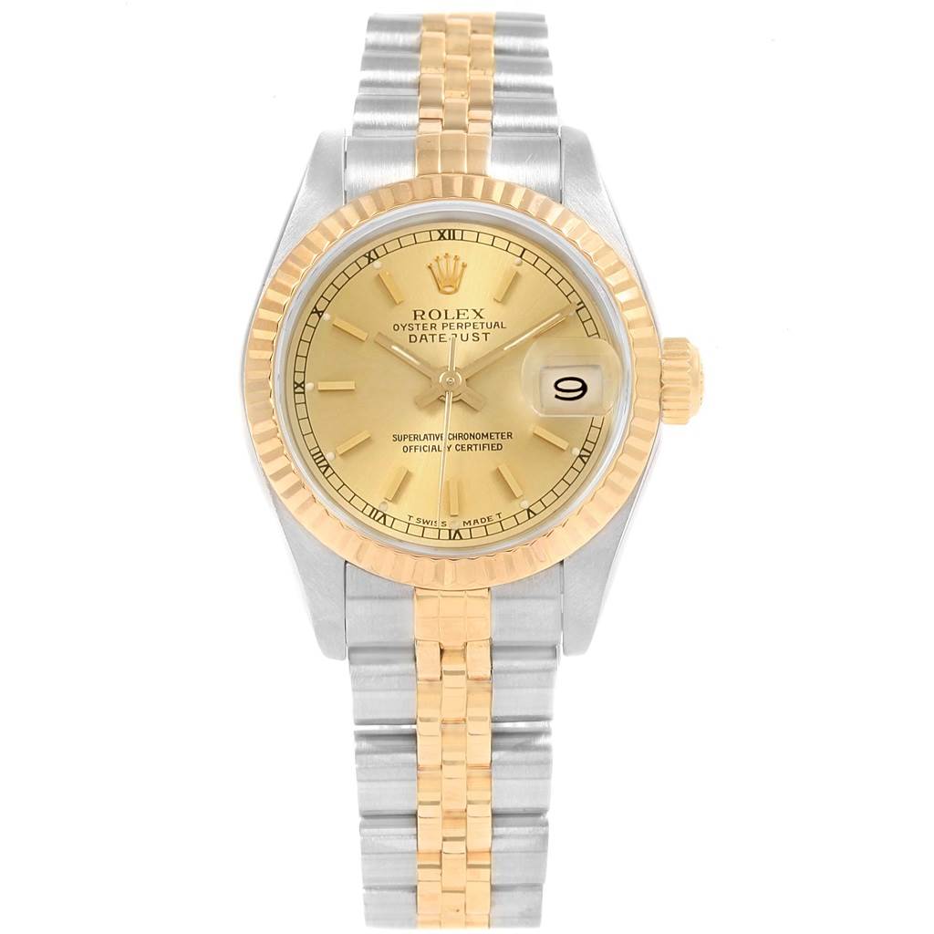The image shows a Rolex Datejust 69173 Women's Stainless Steel Champagne Dial 69173 Women's Stainless Steel Champagne Dial watch from the front, featuring its dial, case, bezel, and two-tone bracelet.