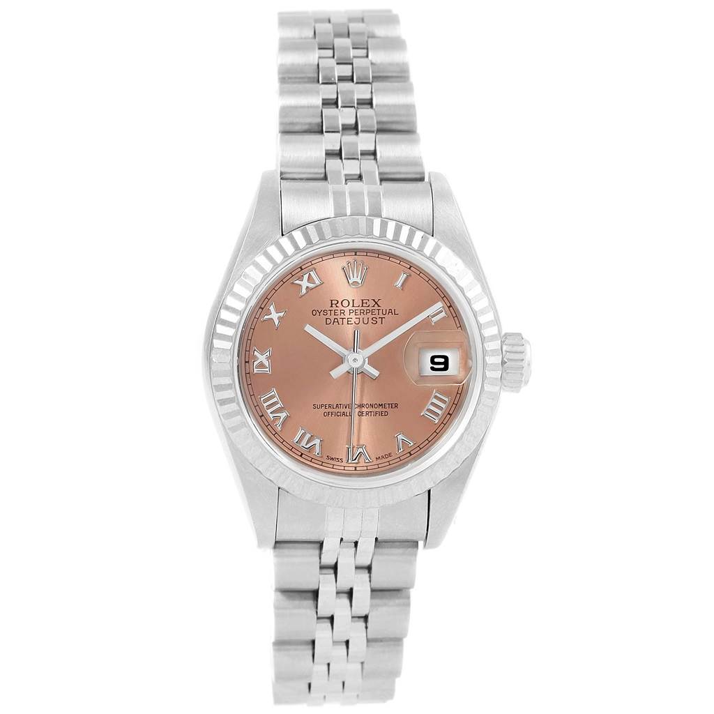 The Rolex Datejust 79174 Women
s Stainless Steel Pink Dial 79174 Women
s Stainless Steel Pink Dial watch is shown from a top view, displaying the dial, bracelet, case, and crown.