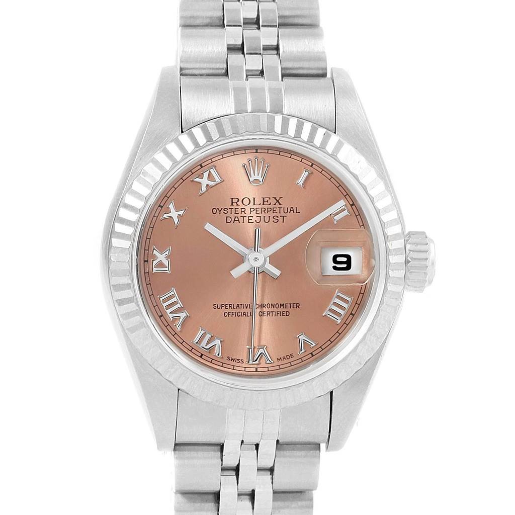 This image shows a front view of the Rolex Datejust 79174 Women
s Stainless Steel Pink Dial 79174 Women
s Stainless Steel Pink Dial watch, displaying the dial, hands, bezel, and part of the bracelet.