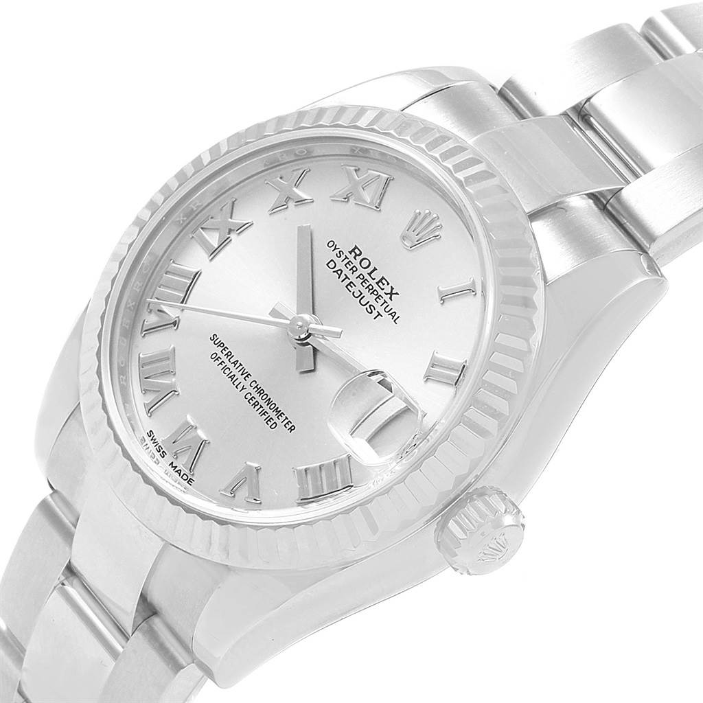 The image shows a close-up of the Rolex Datejust 178274 Women's Stainless Steel Silver Dial 178274 Women's Stainless Steel Silver Dial watch, highlighting the dial, bezel, and part of the bracelet at an angle.