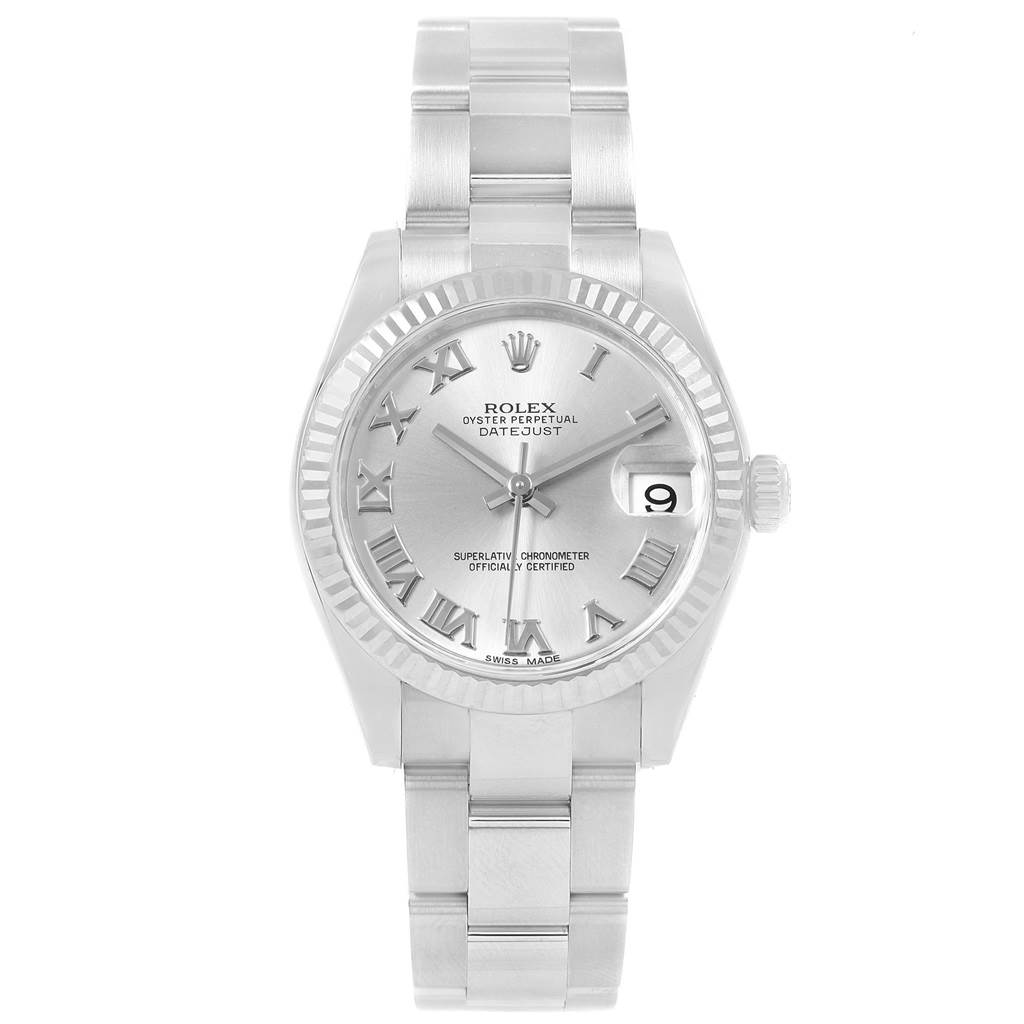 This image depicts a Rolex Datejust 178274 Women's Stainless Steel Silver Dial 178274 Women's Stainless Steel Silver Dial watch shown from a top-down angle, highlighting the face, bracelet, crown, and date window.