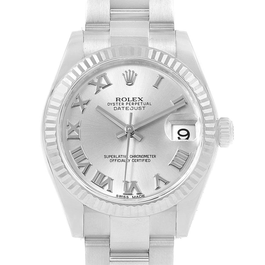 The image shows a front view of a Rolex Datejust 178274 Women's Stainless Steel Silver Dial 178274 Women's Stainless Steel Silver Dial watch, highlighting its dial, hands, bracelet, and date magnifier.