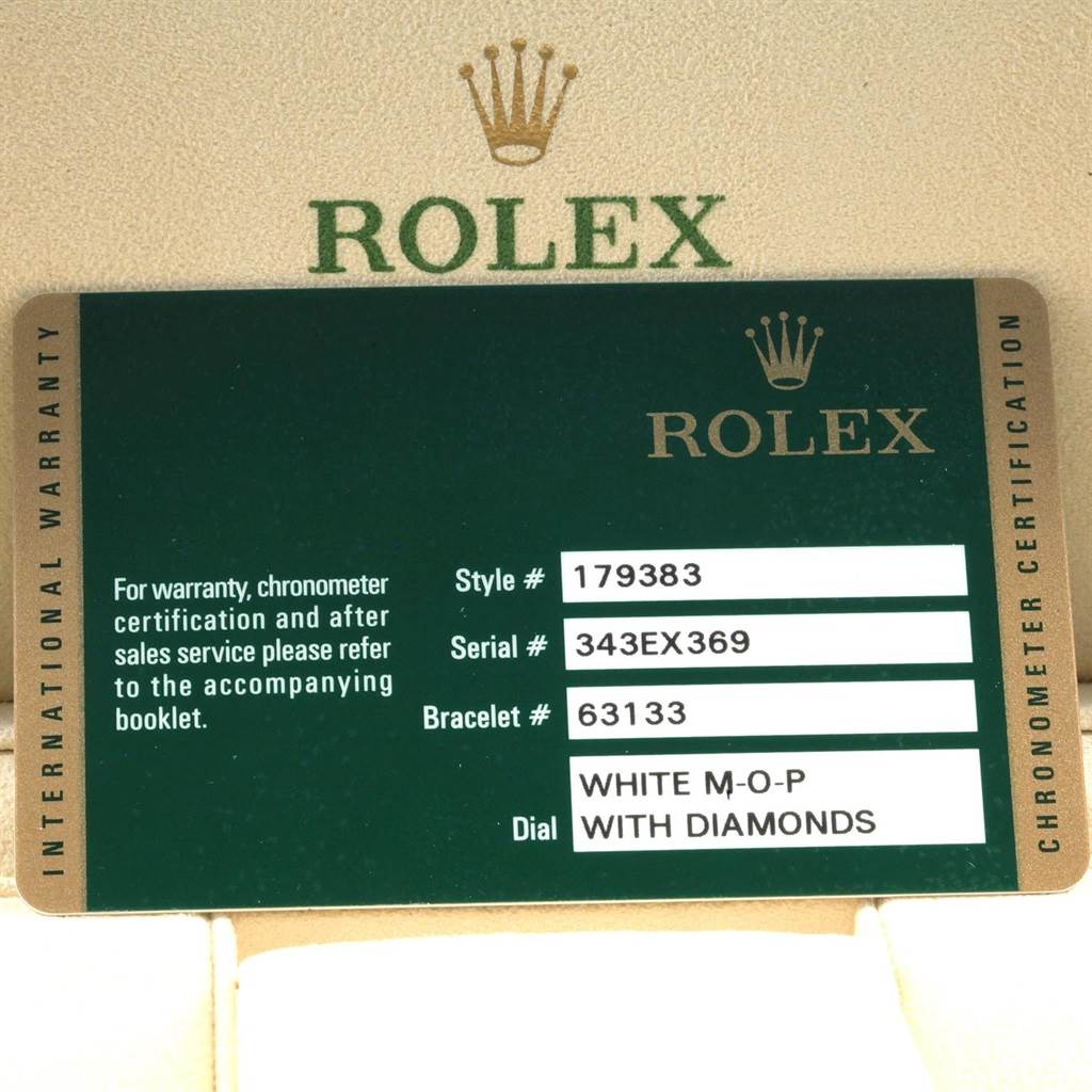 The image shows a warranty card for the Rolex Datejust 179383 Women's Steel and Gold (two tone) Mother of Pearl Dial 179383 Women's Steel and Gold (two tone) Mother of Pearl Dial model with details like style, serial, bracelet, and dial information.