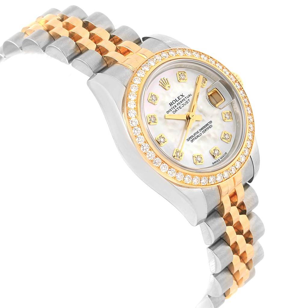 This image shows the Rolex Datejust 179383 Women's Steel and Gold (two tone) Mother of Pearl Dial 179383 Women's Steel and Gold (two tone) Mother of Pearl Dial watch at an angled side view, highlighting the face, bezel, and two-tone bracelet.