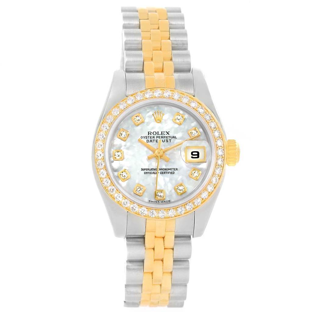 This image shows a frontal view of a Rolex Datejust 179383 Women's Steel and Gold (two tone) Mother of Pearl Dial 179383 Women's Steel and Gold (two tone) Mother of Pearl Dial watch, featuring its face, two-tone bracelet, and diamond-studded bezel.