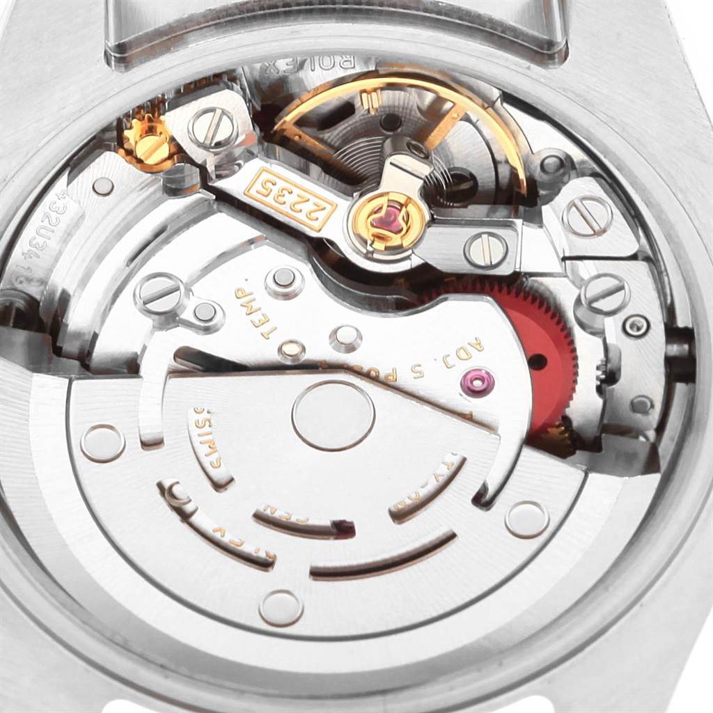This image shows a close-up view of the movement and internal mechanics of a Rolex Datejust 179383 Women's Steel and Gold (two tone) Mother of Pearl Dial 179383 Women's Steel and Gold (two tone) Mother of Pearl Dial watch.