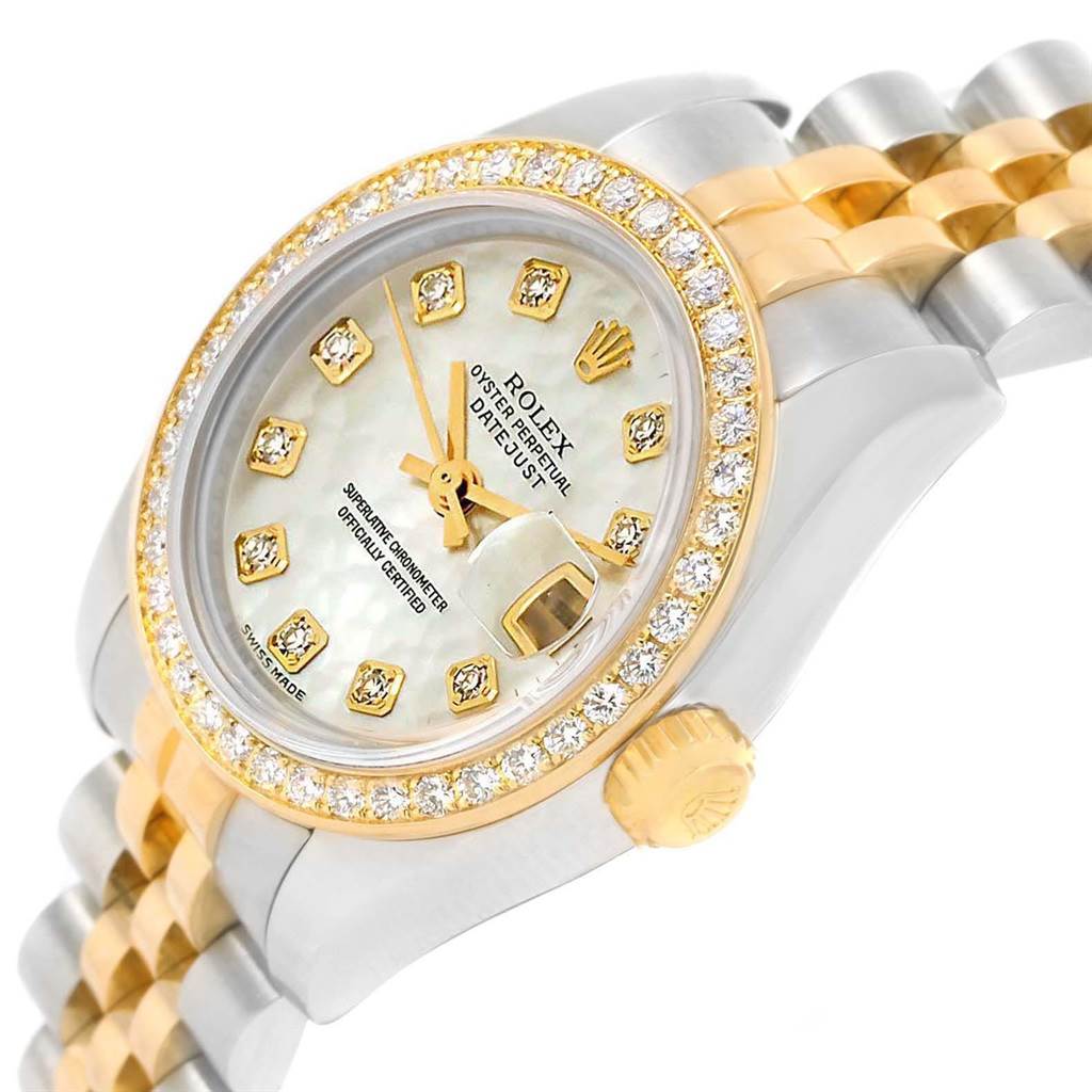 The image shows a Rolex Datejust 179383 Women's Steel and Gold (two tone) Mother of Pearl Dial 179383 Women's Steel and Gold (two tone) Mother of Pearl Dial model at an angled side view, highlighting its bezel, crown, dial, and part of the bracelet.
