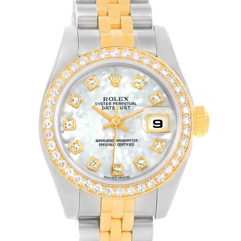 The image shows a frontal view of a Rolex Datejust 179383 Women's Steel and Gold (two tone) Mother of Pearl Dial 179383 Women's Steel and Gold (two tone) Mother of Pearl Dial watch featuring a diamond bezel, mother-of-pearl dial, and a two-tone bracelet.