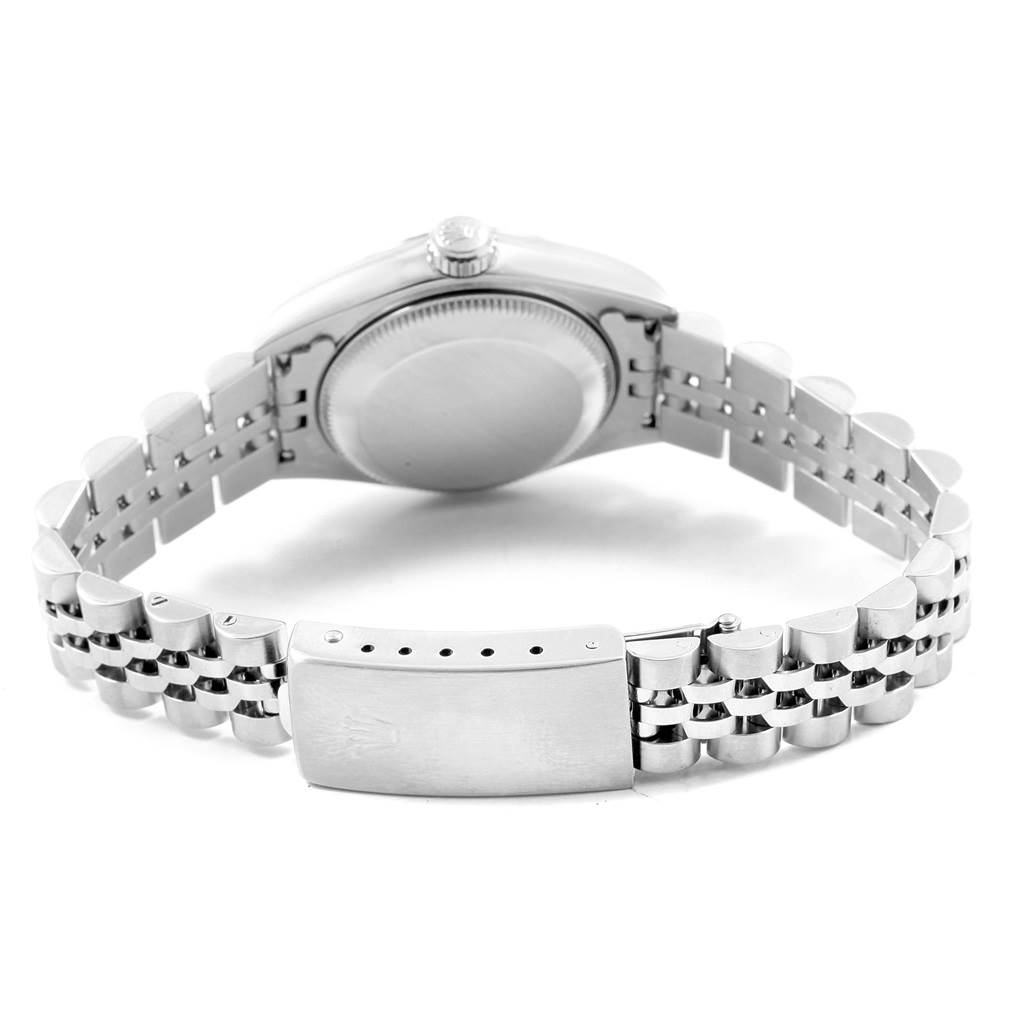 This image shows the back view of a Rolex Datejust 79174 Women
s Stainless Steel Pink Dial 79174 Women
s Stainless Steel Pink Dial watch, highlighting the clasp and bracelet.