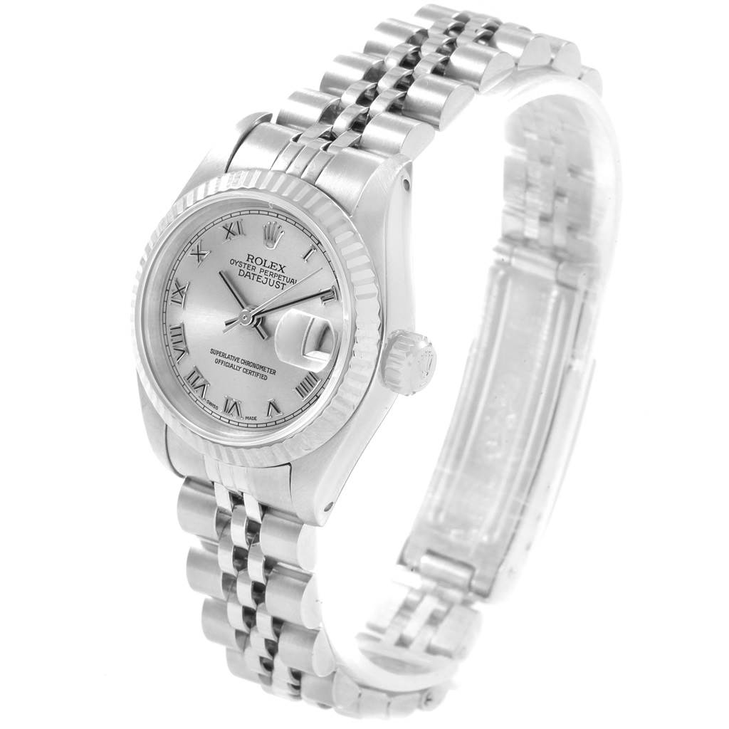This image shows a Rolex Datejust 69174 Women's Stainless Steel Silver Dial 69174 Women's Stainless Steel Silver Dial watch at a three-quarter angle, highlighting the face, bezel, crown, and bracelet.