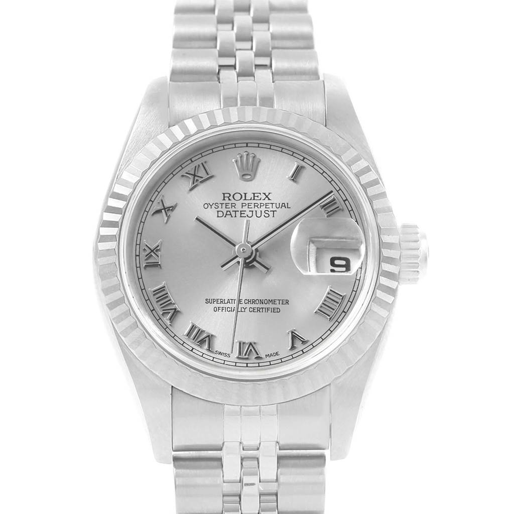 The image shows a front view of a Rolex Datejust 69174 Women's Stainless Steel Silver Dial 69174 Women's Stainless Steel Silver Dial watch displaying its dial, bezel, crown, and bracelet.