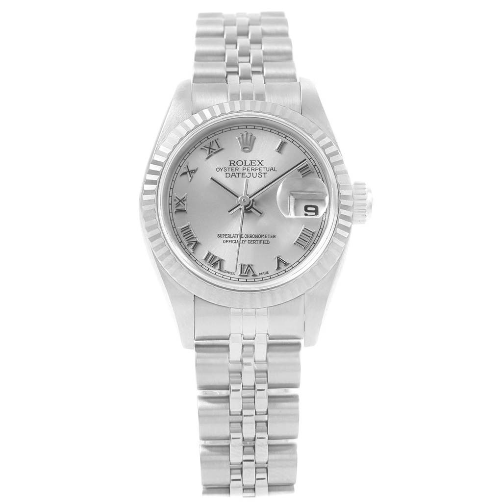 This image shows a front view of a Rolex Datejust 69174 Women's Stainless Steel Silver Dial 69174 Women's Stainless Steel Silver Dial watch, displaying its face, bracelet, and fluted bezel.