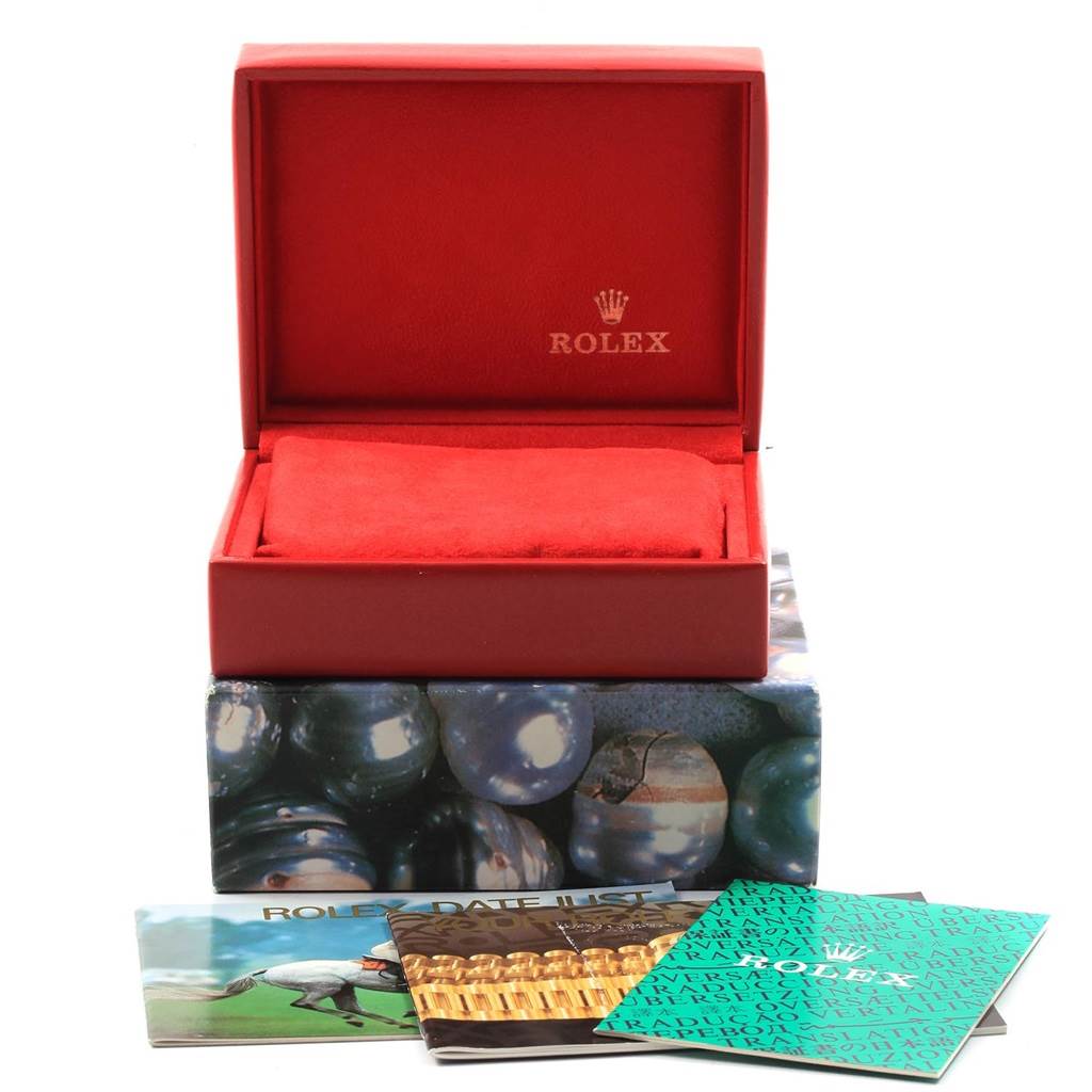 The image shows a Rolex Datejust 69174 Women's Stainless Steel Silver Dial 69174 Women's Stainless Steel Silver Dial watch box, literature, and manuals.