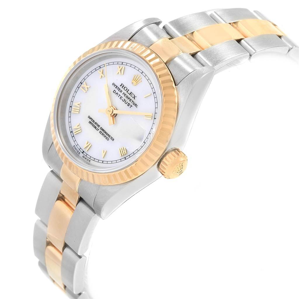 The image shows a Rolex Datejust 69173 Women's Stainless Steel White Dial 69173 Women's Stainless Steel White Dial watch from an angled perspective, highlighting the dial, crown, and two-tone bracelet.