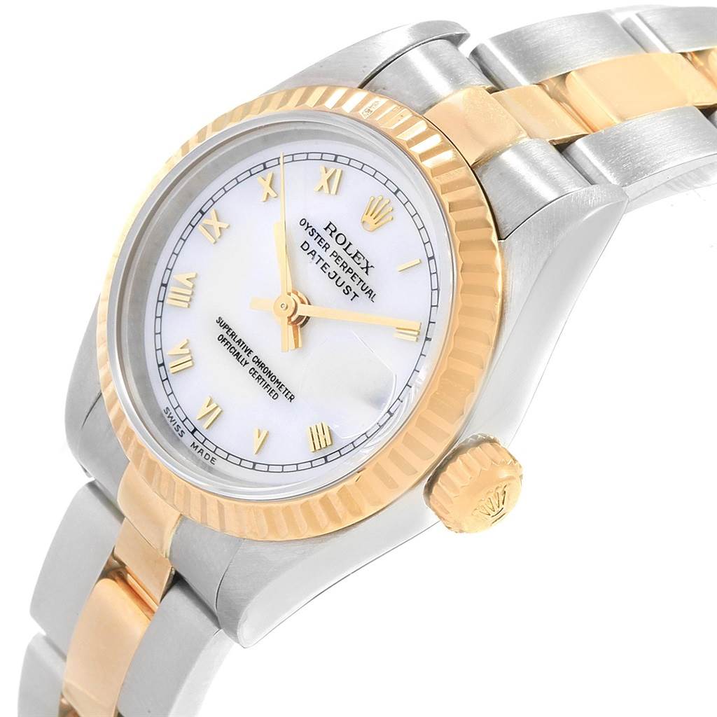 The image shows a close-up view of the Rolex Datejust 69173 Women's Stainless Steel White Dial 69173 Women's Stainless Steel White Dial watch, highlighting the dial, bezel, crown, and part of the bracelet.