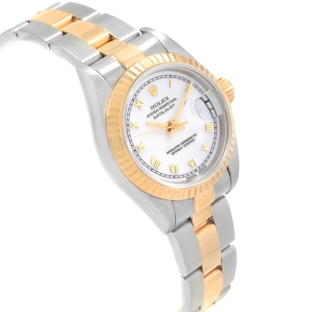 The image shows a Rolex Datejust 69173 Women's Stainless Steel White Dial 69173 Women's Stainless Steel White Dial watch angled from the left side, displaying the dial, bezel, crown, and part of the bracelet.