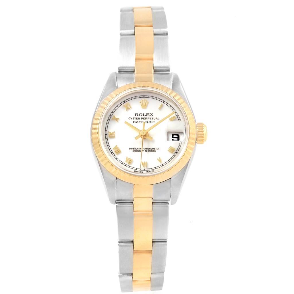 The image shows a Rolex Datejust 69173 Women's Stainless Steel White Dial 69173 Women's Stainless Steel White Dial watch from a frontal angle, highlighting its two-tone bracelet, dial, and date window.