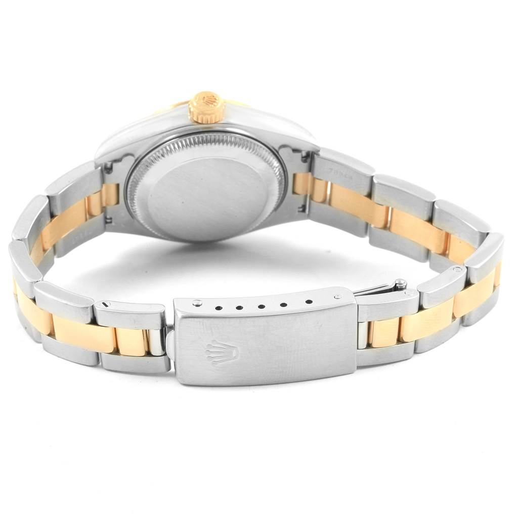 The image shows the back side of a Rolex Datejust 69173 Women's Stainless Steel White Dial 69173 Women's Stainless Steel White Dial watch, highlighting its caseback, two-tone bracelet, and clasp.