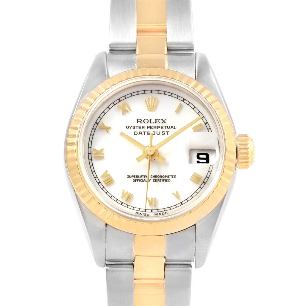 The image shows a Rolex Datejust 69173 Women's Stainless Steel White Dial 69173 Women's Stainless Steel White Dial watch from a front angle, highlighting the dial, bezel, and part of the bracelet.