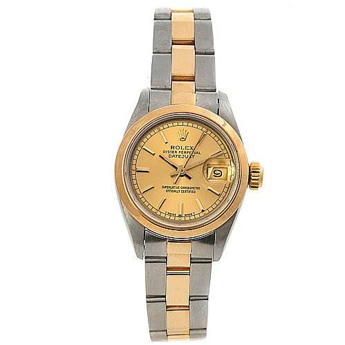 This image shows a Rolex Datejust 69163 Women's Stainless Steel Champagne Dial 69163 Women's Stainless Steel Champagne Dial watch from a front angle, highlighting its face, bezel, and bracelet.