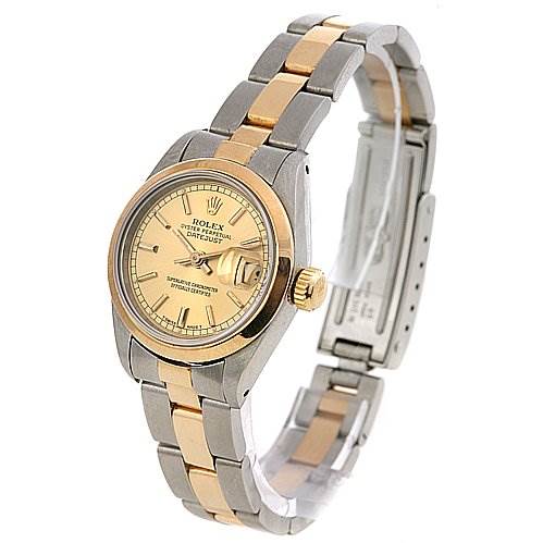 The image shows a frontal angle of the Rolex Datejust 69163 Women's Stainless Steel Champagne Dial 69163 Women's Stainless Steel Champagne Dial watch, highlighting its two-tone bracelet, dial, and crown.