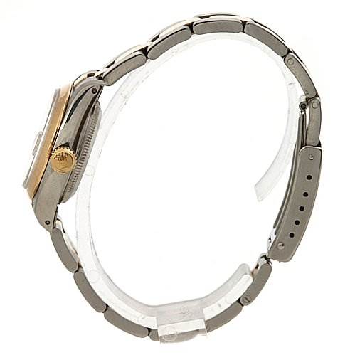 Side view of a Rolex Datejust 69163 Women's Stainless Steel Champagne Dial 69163 Women's Stainless Steel Champagne Dial showing the bracelet, crown, case, and clasp.